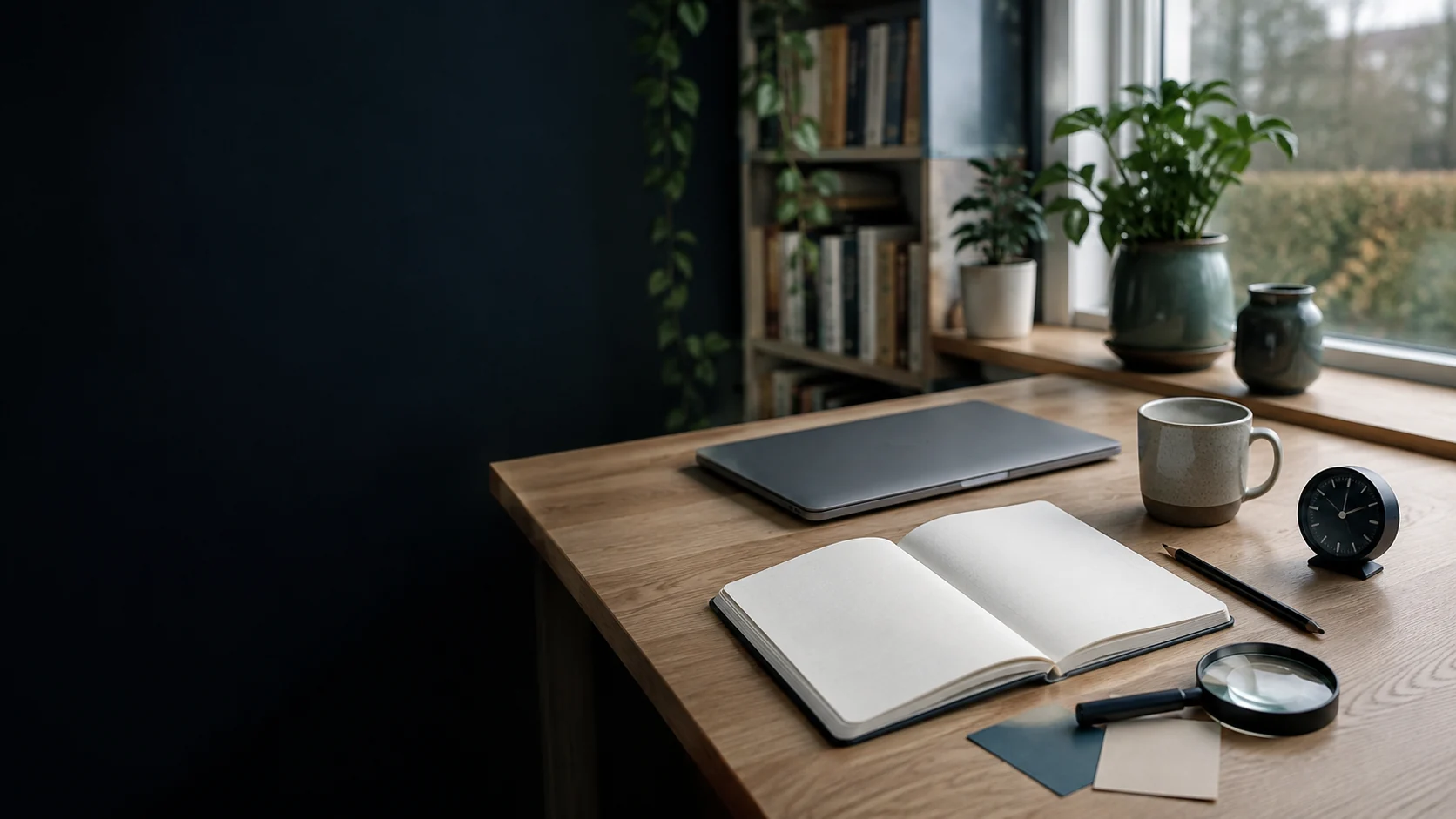 Rustige werktafel met notitieboek, vergrootglas en laptop bij een raam